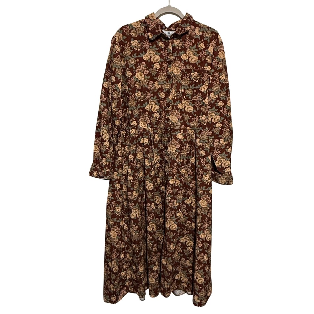 Bedford Fair Vintage Floral Corduroy Maxi Shirt Dress Brown Burgundy Cotton 12‎